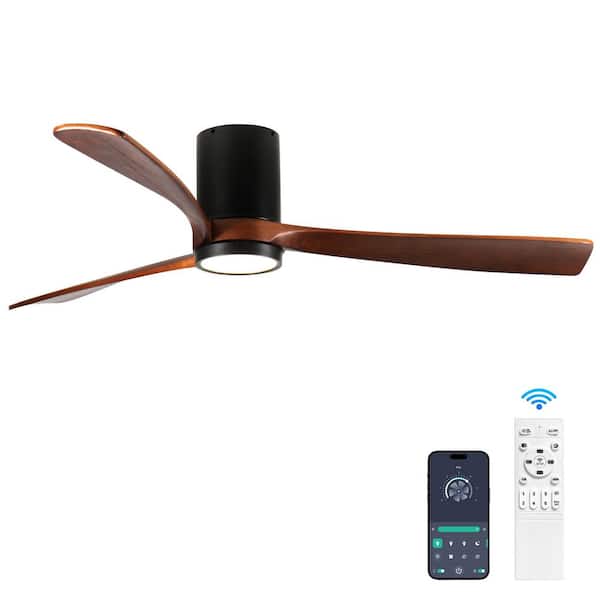 60 in. Modern Black Indoor Solid Wood Brown Blades Flush Mount Ceiling Fan with Dimmable LED Light, APPandRemote Control