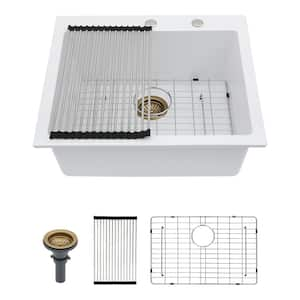 25 in. Topmount R15 Round Corner Quartz Composite White Drop-In Kitchen Sink Single Bowl with Accessories