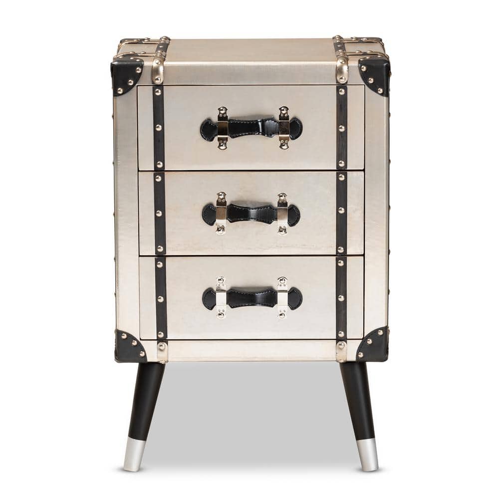 Vintage Industrial Antique Silver 3-Drawer Nightstand with Rivet Details