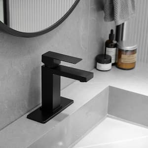 Single Handle Single Hole Bathroom Faucet with Deckplate Included, Pop Up Drain and Water Supply Hoses in Matte Black