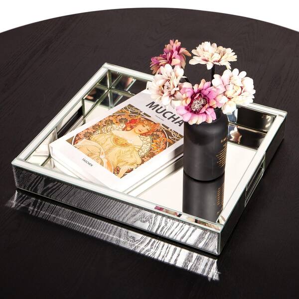 THKSHOUZ Silver Mirrored Glass Decorative Tray (Single Piece) SF