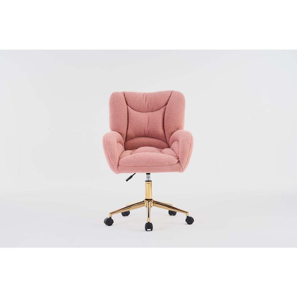 wetiny Pink Teddy Fabric 360 Swivel Home Office Chair With Gold Metal Base and Universal Wheels