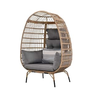 1-Person Rattan Wicker Patio Swing Egg-Shaped Chair with Removable Gray Cushion for Courtyard, Garden, Balcony
