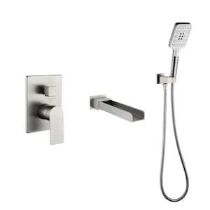 Single Handle Modern Waterfall Bathtub Faucet, Wall-Mount Roman Tub Faucet with Hand Shower in Brushed Nickel
