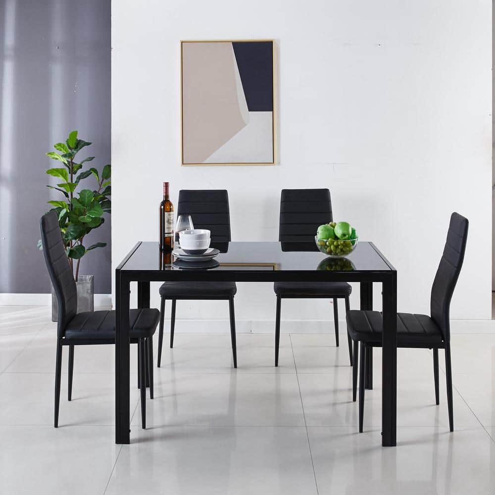 Metal Black 5-Pieces Dining Table Set for 4-6 people With Glass Tabletop, E