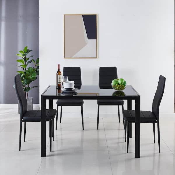 Unbranded Metal Black 5-Pieces Dining Table Set for 4-6 people With Glass Tabletop, End Table Coffee Table with 4 Dining Chairs