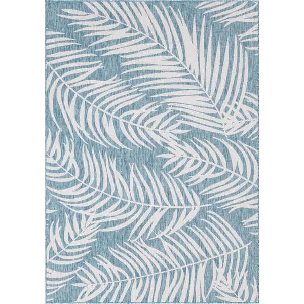Unique Loom Outdoor Botanical Palm Light Aqua 7 ft. 1 in. x 10 ft. Area Rug