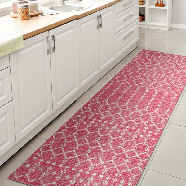 Ourika Moroccan Geometric Textured Weave Fuchsia/Light Gray 2 ft. x 8 ft. Indoor/Outdoor Runner Rug