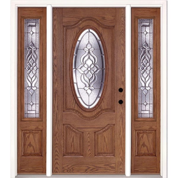 Feather River Doors 63.5 in.x81.625 in. Lakewood Zinc 3/4 Oval Lite Stained Medium Oak Left-Hand Fiberglass Prehung Front Door w/Sidelites