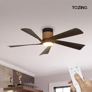 52 in. Smart Indoor Black Wood Rope Low Profile Standard Flush Mount Ceiling Fan Light with LED with Remote Control