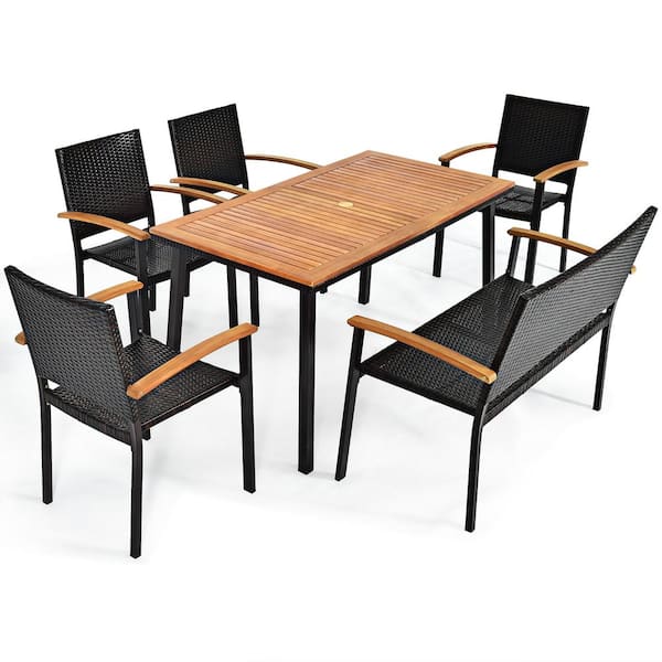 Costway 6-Pieces Patio Rattan Outdoor Dining Set Acacia Wood Table Stackable Chair Bench