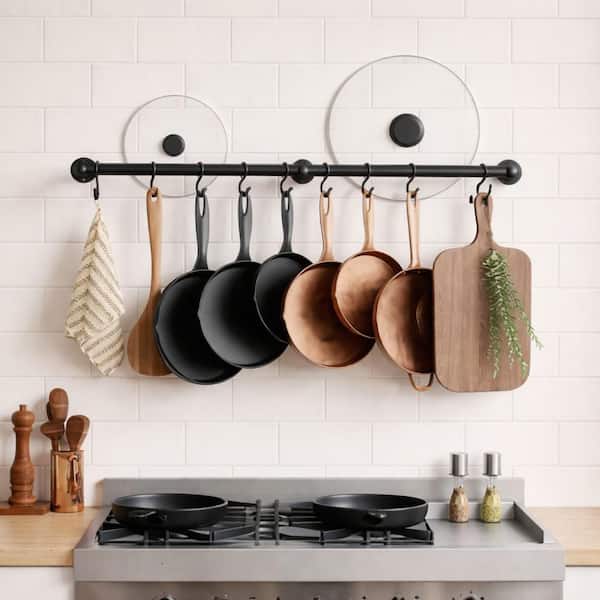 32 in. Black Wall-Mounted Hanging Pot Rack with 10 Hooks, 130 lb Capacity, 16 in. Stud Mount, Includes Drilling Template