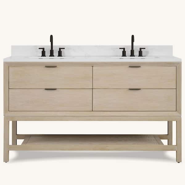 WH2460-GO-KD 60 in. Double Sink Sink Vanity Gray Oak Finish Bath Vanity with White 1 in. Artificial Stone Top.