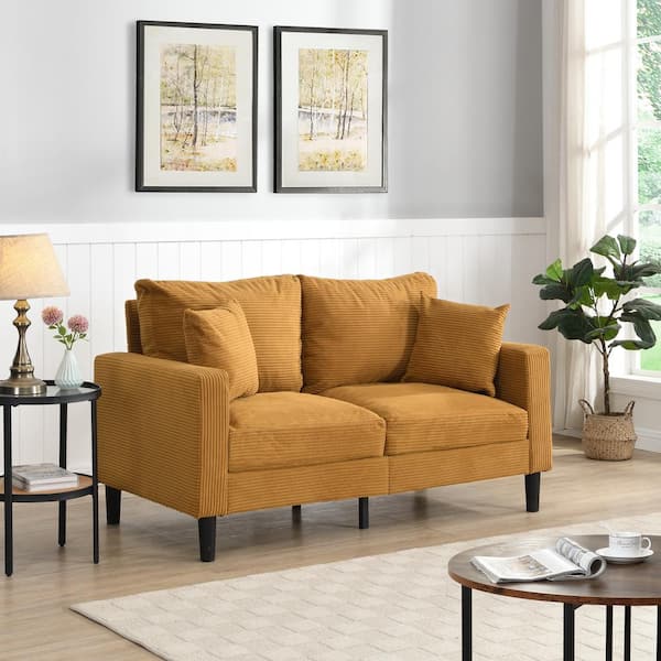 Noble House Frida 57.9 in. Orange Upholstered Corduroy 2-Seater Loveseat with Pillows