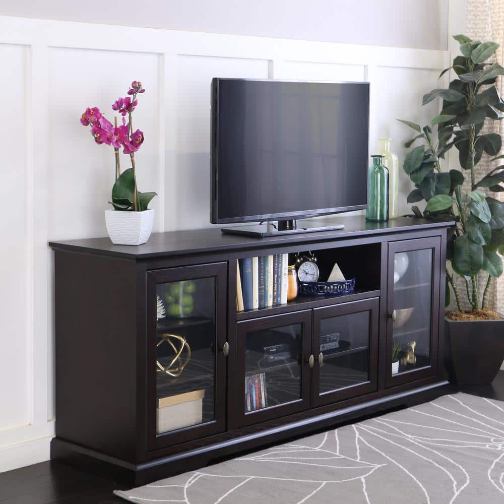 Espresso 70" TV Stand with Glass Cabinets and Shelves