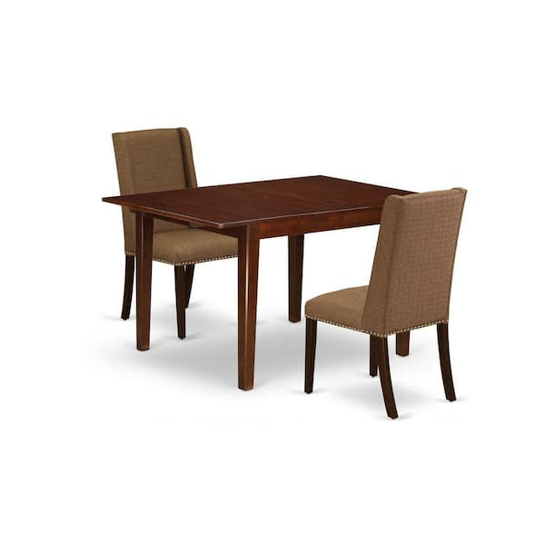 East West Furniture 3-Piece Mahogany Finish Rectangular Solid Wood Top with Butterfly Leaf Dining Table Set
