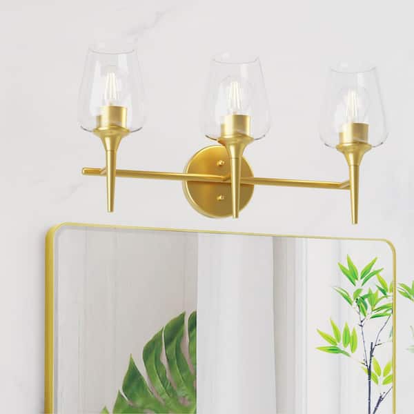 GMGSROM 21.69 in. 3-Light Gold Vanity Light with Clear Wine Cup-Shape Glass Shade