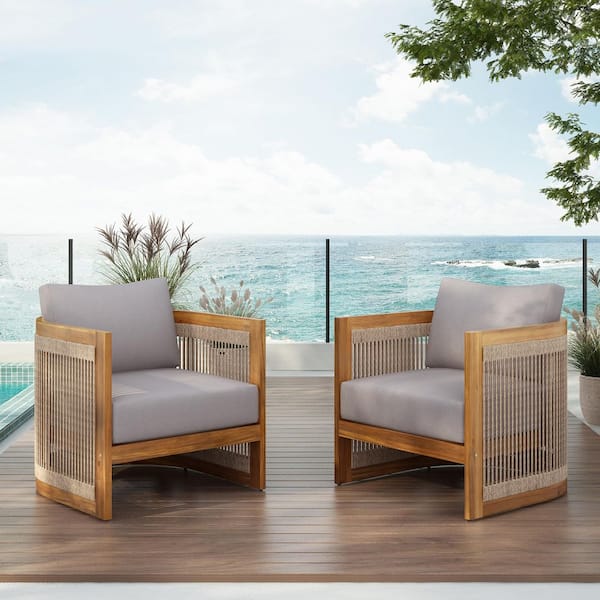 Sudzendf Acacia Wood Outdoor Lounge Chair with Gray Cushion