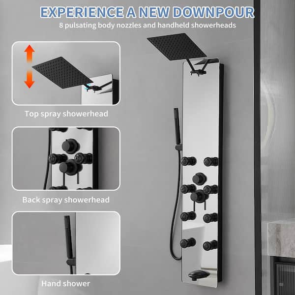 Single Handle 3-Spray 8-Jet Tub and Shower Faucet 2.5 GPM Shower Panel System Mirror treatment in. Black Valve Included