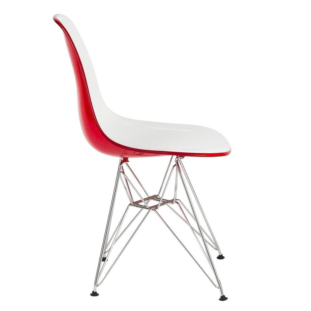 White and Red Plastic Side Chair with Chrome Eiffel Legs
