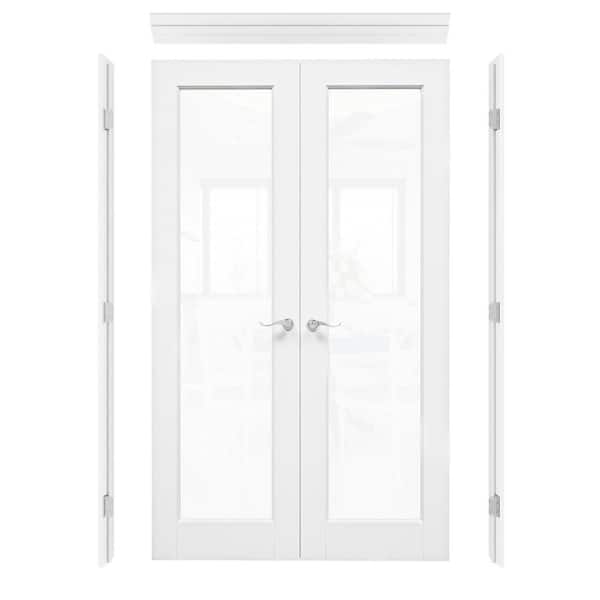 48 in. x 80 in. 1-Lite Clear Glass Universal White Solid Core Wood Double French Door with Quick Assemble Jamb
