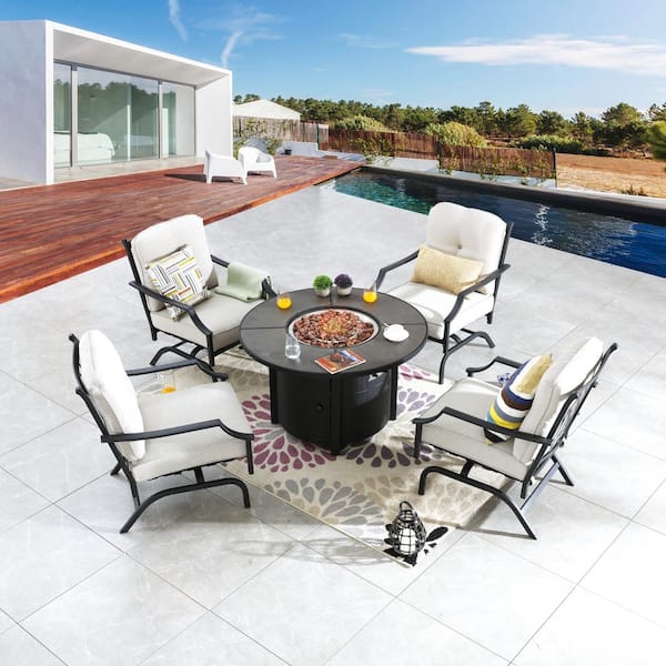 Patio Festival 5-Piece Metal Patio Fire Pit Seating Set with Beige Cushions