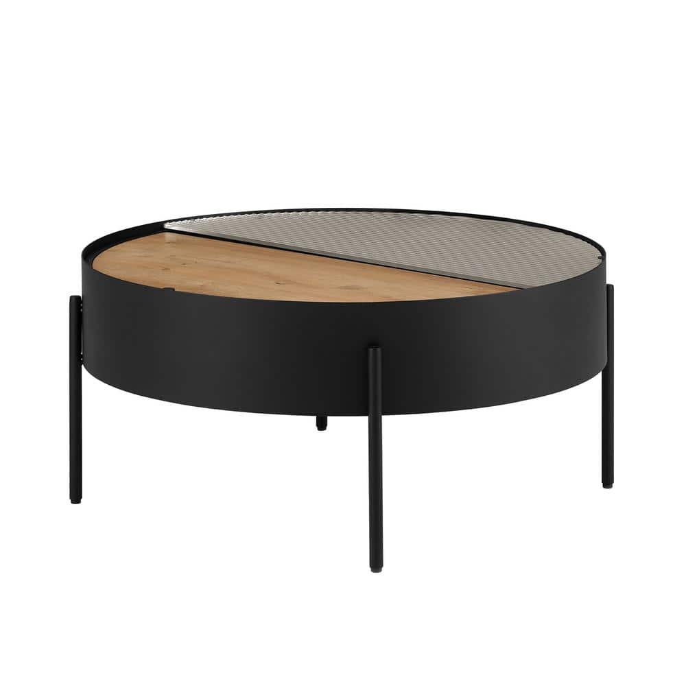 33'' Black English Oak and Fluted Glass Round Coffee Table