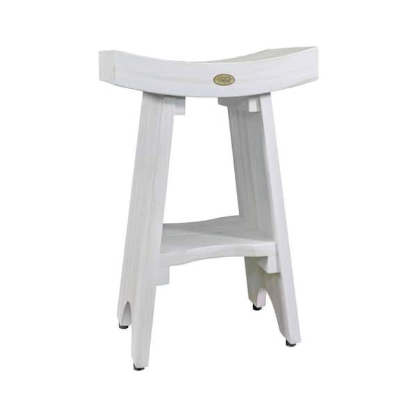 HomeRoots Caroline Driftwood 18 in. x 12 in. x 18 in. Compact Curvilinear Teak Shower Outdoor Bench with Shelf