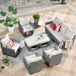 Echo Black 7-Piece Wicker Multi-Functional Pet Friendly Outdoor Patio Conversation Sofa Set with Beige Cushions