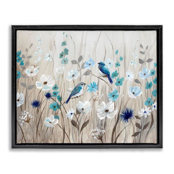 Stupell Industries Birds Floral Meadow Blossoms by Nan 1-Piece Black Floater Frame Nature Graphic Art Print 31 in. x 25 in.