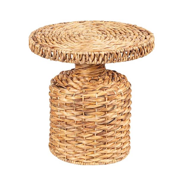 Storied Home 18.25 in. Natural Light Tone Round Hand-Woven Water Hyacinth End Table