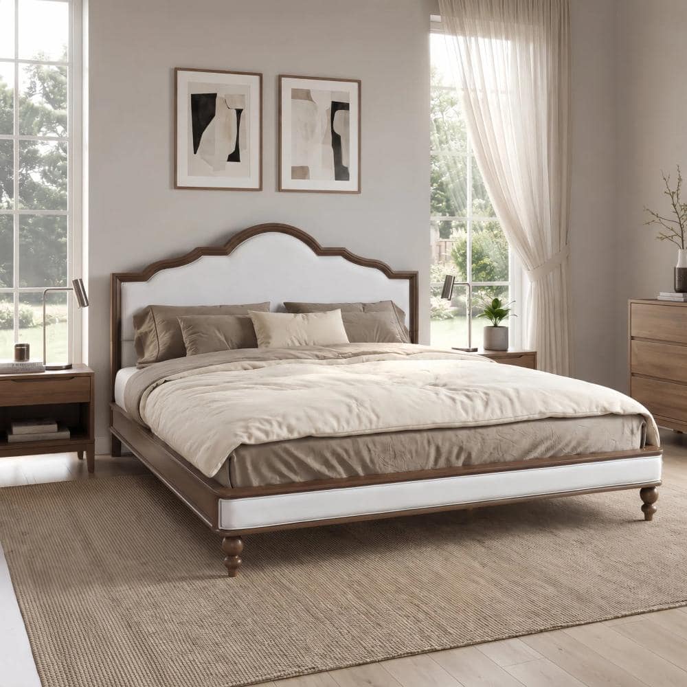 Beige and Walnut Wood Frame King Size Platform Bed with Upholstered Curved Headboard