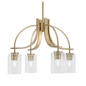 Olympia 15.75 in. 4-Light New Age Brass Downlight Chandelier Clear Bubble Glass Shade