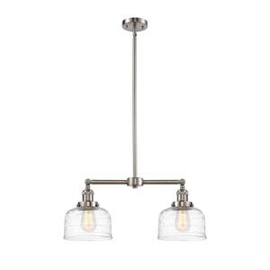 Bell 2-Light Brushed Satin Nickel Clear Deco Swirl Shaded Pendant Light with Clear Deco Swirl Glass Shade