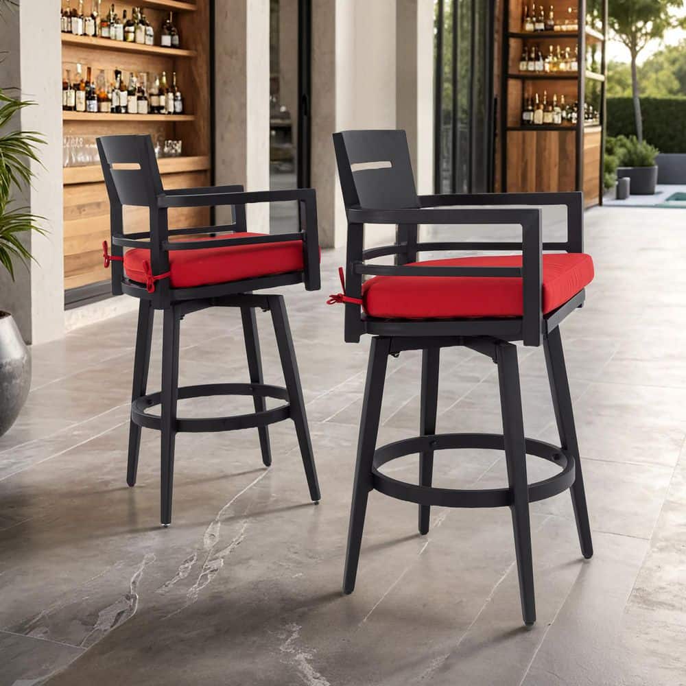 Black Aluminum Swivel Outdoor Bar Stools with Sunbrella Red Cushion (Set of 2) price history on PriceWatchPro