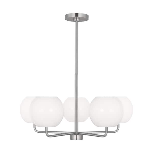 Generation Lighting Rory Medium 26.875 in. 5-Light Brushed Steel Chandelier with Opal Glass Shades