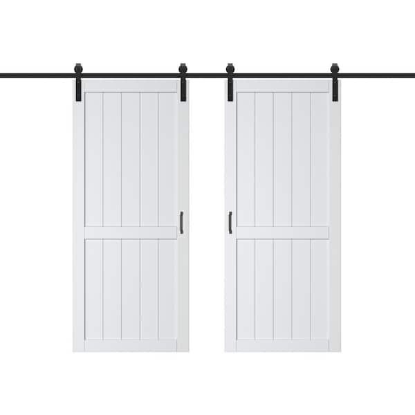 72 in. x 96 in. White Paneled H Style White Primed MDF Sliding Barn Door with Hardware Kit With Soft Close