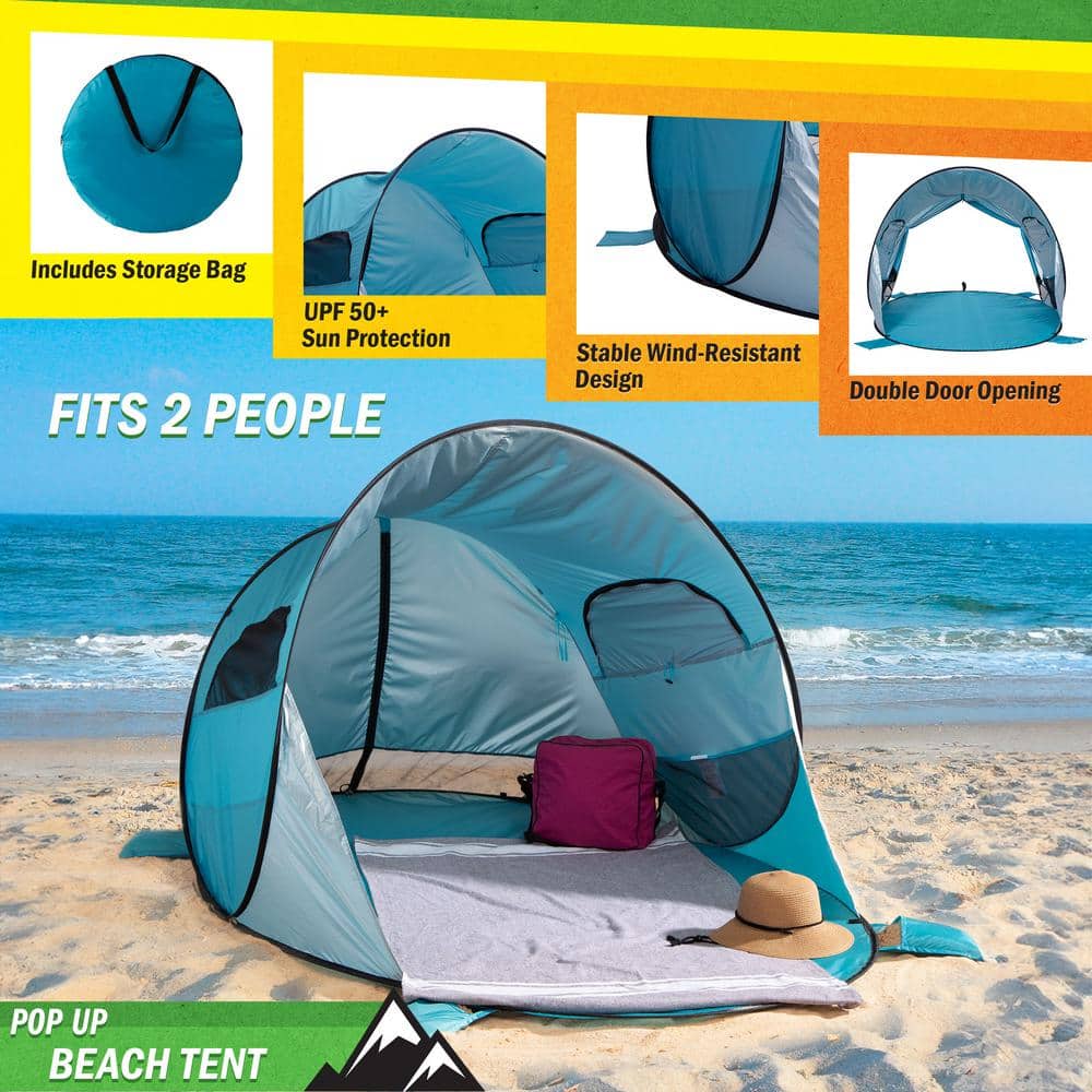 Blue 3-Person Pop-Up Beach Tent with UV Protection
