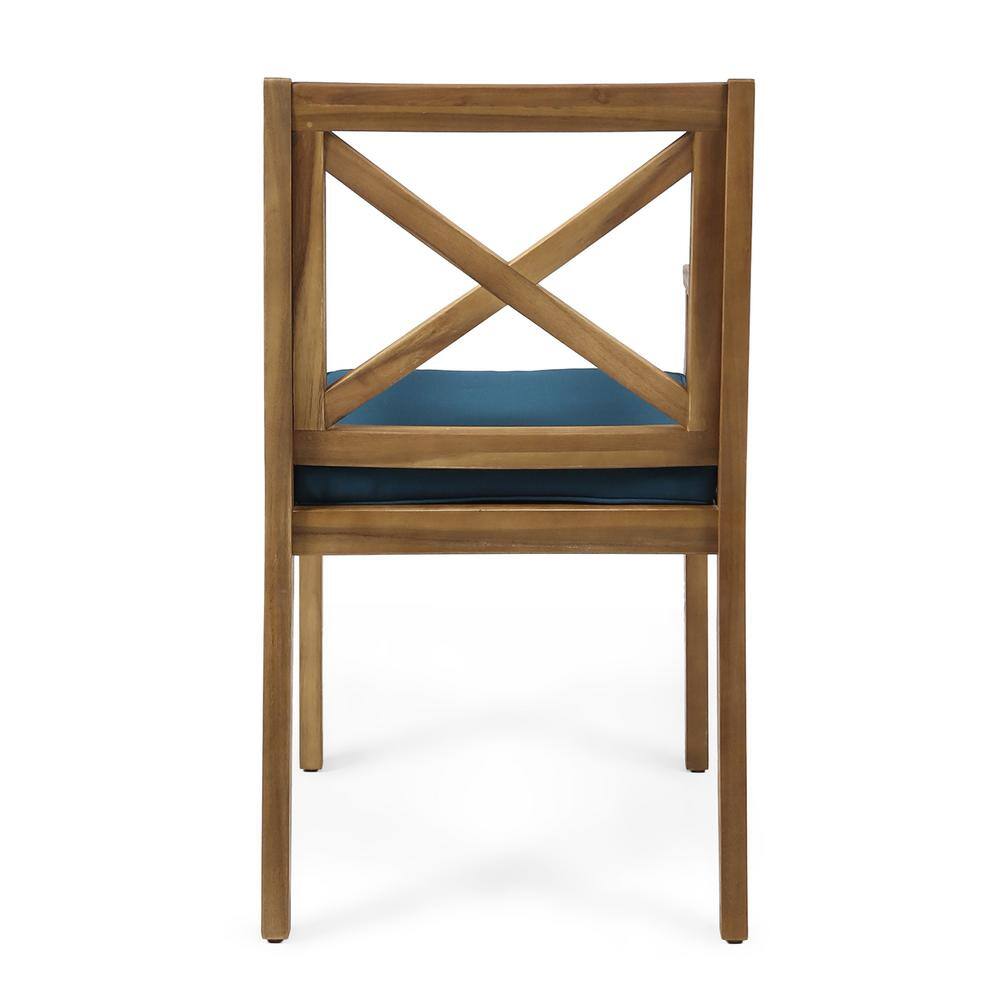 Scandinavian Teak Brown Wood Dining Chair with Blue Cushions, Set of 2