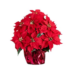 19 in. Red Lush Poinsettia Artificial Arrangement in Red Wrapped Planter