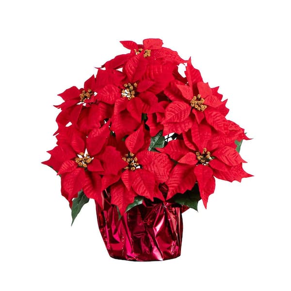 Nearly Natural 19 in. Red Lush Poinsettia Artificial Arrangement in Red Wrapped Planter