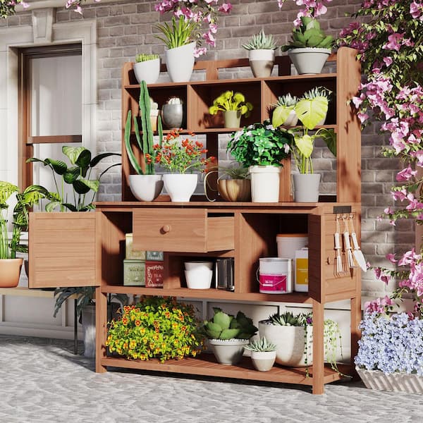 BTMWAY 50.2 in. W x 66.1 in. H Brown Wood Potting Bench and Table, Garden Workstation with Hutch and Adjustable Shelves