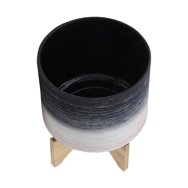 Ceramic S/2 8/10 in. Planter On Wooden Stand Gray 12 in.