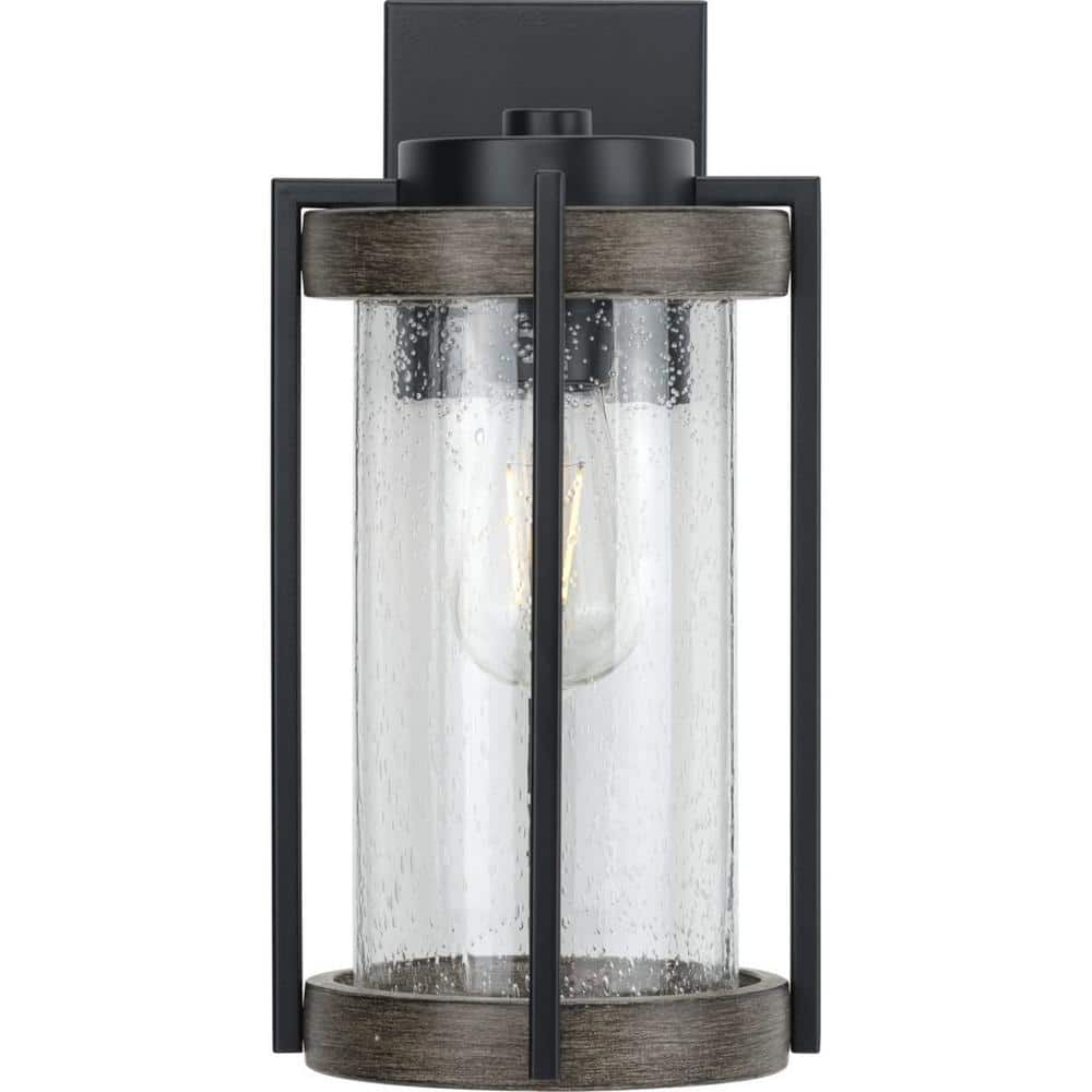 Matte Black Steel Outdoor Wall Lantern with Seeded Glass