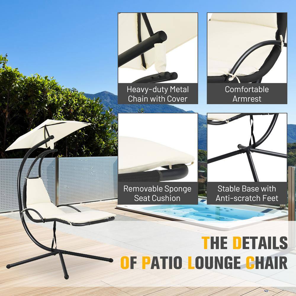 Beige Steel Hanging Chaise Lounge Chair with Cushions and Canopy