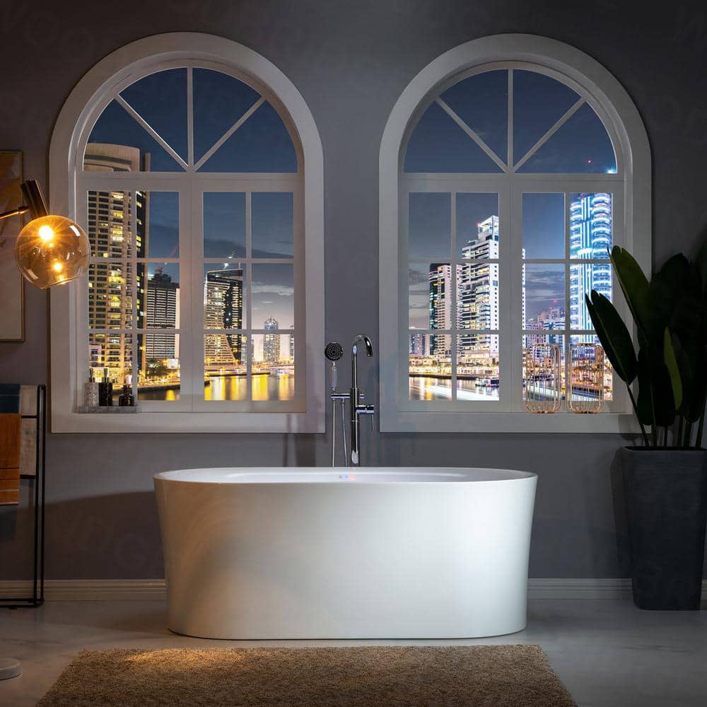 67" White Freestanding Acrylic Air Soaking Bathtub with Brushed Nickel Trim