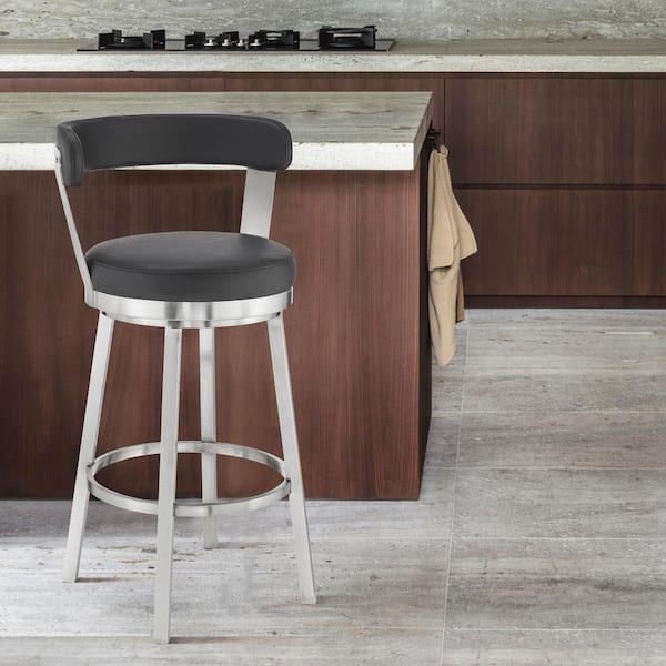 Armen Living Bryant 30 in. Black/Brushed Stainless Steel High Back Metal Bar Stool with Faux Leather Seat