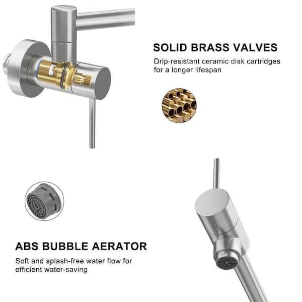 Wall Mounted Pot Filler Kitchen Sink Faucet Folding Stretchable with 2-Handles in Brushed Nickel