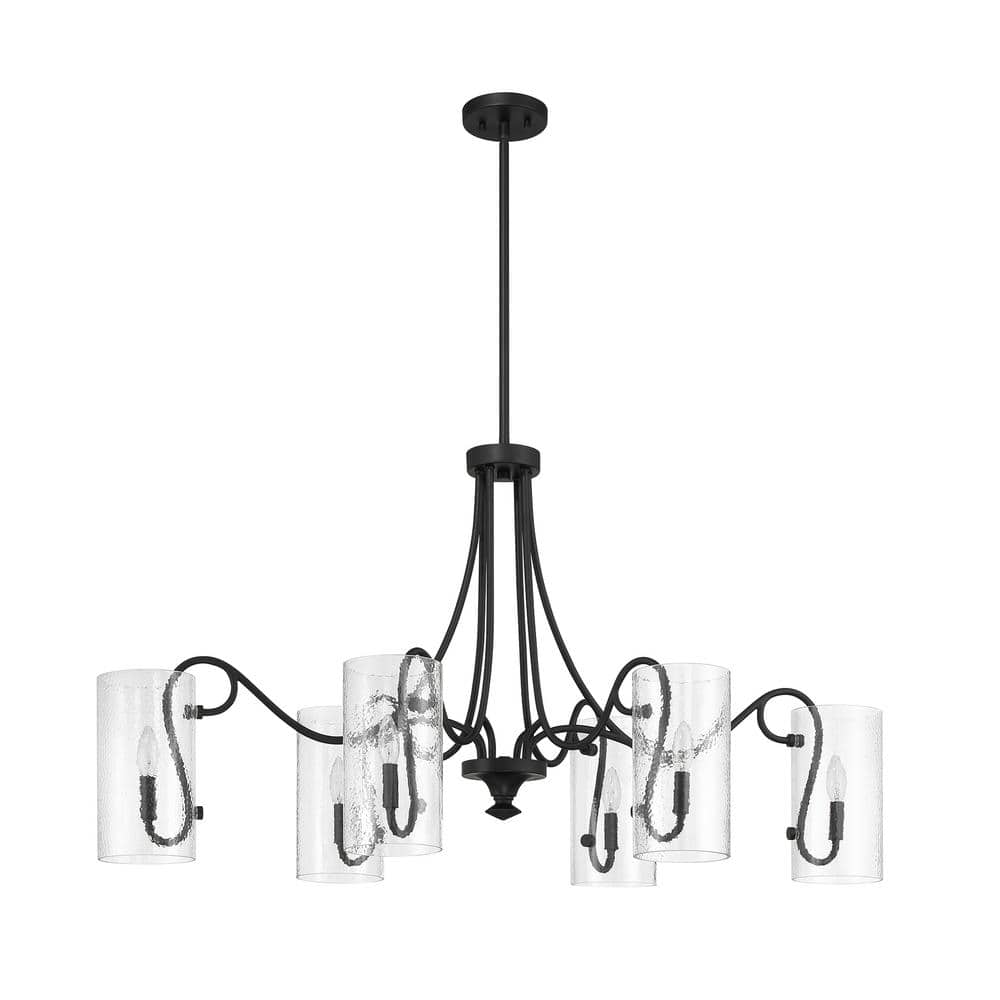 Matte Black 6-Light Chandelier with Clear Hammered Glass Shades