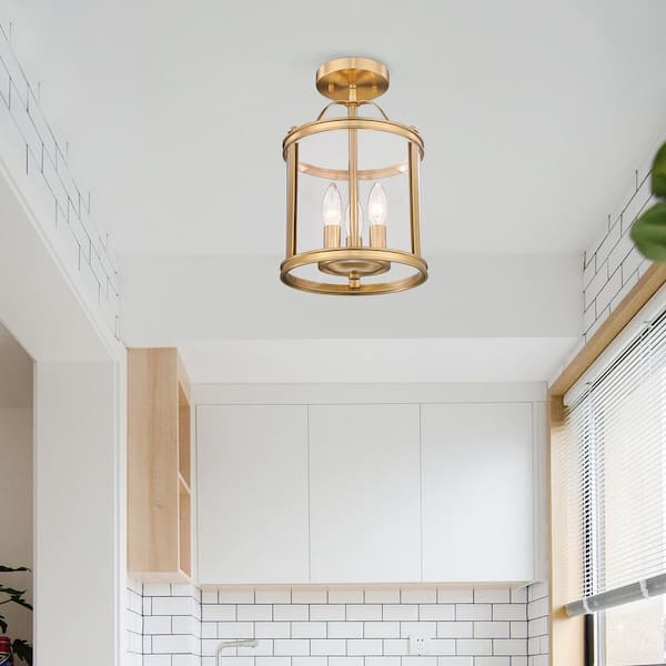 8.86 in. 3-Light Gold Modern Semi-Flush Mount with Clear Glass Shade